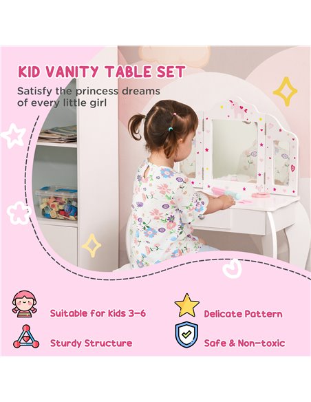HOMCOM Kids Vanity Table & Stool Girls Dressing Set Make Up Desk Chair Dresser Play Set with Rotatable Mirrors Drawer Star & Hea - pic 26514 | FastDaddyshop