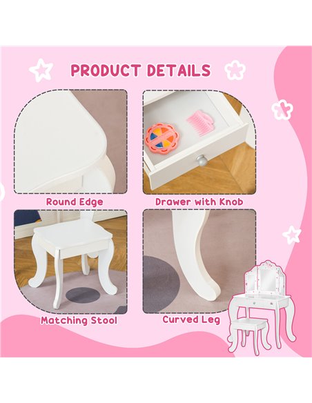 HOMCOM Kids Vanity Table & Stool Girls Dressing Set, Pattern White 311-037 - pic 26515 | FastDaddyshop