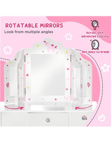 HOMCOM Kids Vanity Table & Stool Girls Dressing Set, Pattern White 311-037