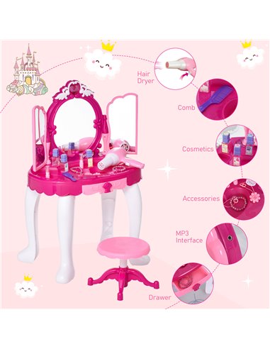 HOMCOM Kids Pretend Play Plastic Vanity Table Set w/ Sound Effect Pink