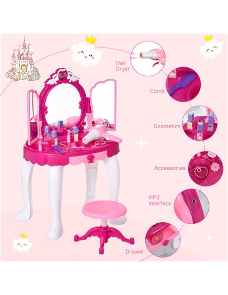 HOMCOM Kids Pretend Play Plastic Vanity Table Set w/ Sound Effect Pink - pic 26525 | FastDaddyshop