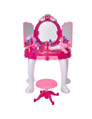 HOMCOM Kids Pretend Play Plastic Vanity Table Set w/ Sound Effect Pink
