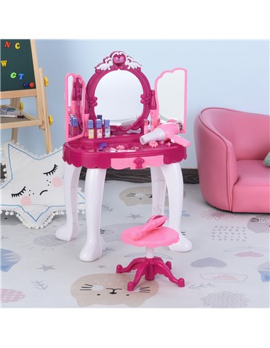 HOMCOM Kids Pretend Play Plastic Vanity Table Set w/ Sound Effect Pink