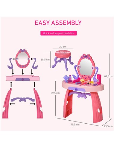 HOMCOM Kids Pretend Play Plastic Vanity Table Set, Pink-Purple 350-051
