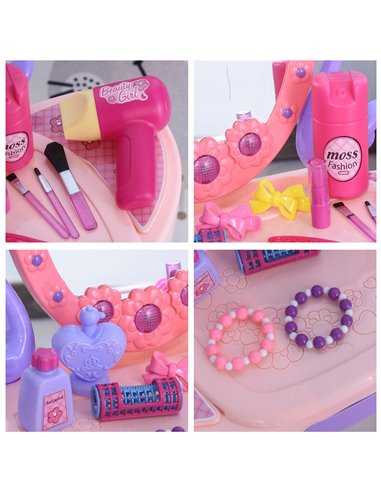 HOMCOM Kids Pretend Play Plastic Vanity Table Set, Pink-Purple 350-051