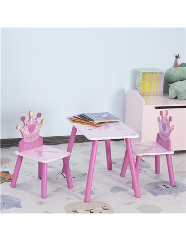 HOMCOM 3-Piece Set, Kids Wooden Table Chair with Crown Pattern, Pink 312-015