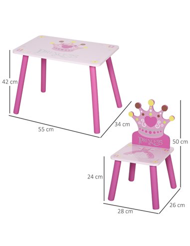 HOMCOM 3-Piece Set, Kids Wooden Table Chair with Crown Pattern, Pink 312-015