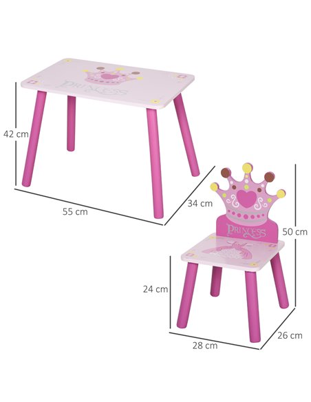 HOMCOM 3-Piece Set, Kids Wooden Table Chair with Crown Pattern, Pink 312-015 - pic 26540 | FastDaddyshop