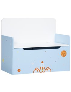 ZONEKIZ 2-IN-1 Wooden Toy Box, Kids Storage Bench Toy Chest with Safety Pneumatic Rod, Rocket Pattern, Blue