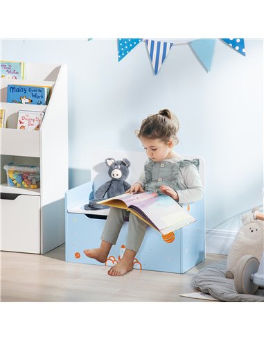 ZONEKIZ 2-IN-1 Wooden Toy Box, Kids Storage Bench Toy Chest with Safety Pneumatic Rod, Rocket Pattern, Blue