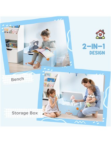 ZONEKIZ 2-IN-1 Wooden Toy Box, Kids Storage Bench Toy Chest with Safety Pneumatic Rod, Rocket Pattern, Blue