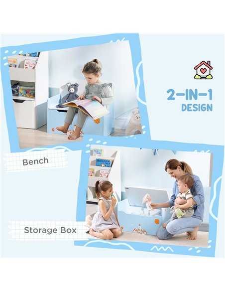 ZONEKIZ 2-IN-1 Wooden Toy Box, Kids Storage Bench Toy Chest with Safety Pneumatic Rod, Rocket Pattern, Blue - pic 26568 | FastDaddyshop