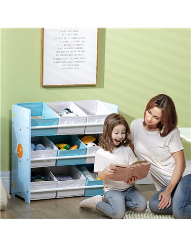 ZONEKIZ Kids Storage Unit with 9 Removable Storage Baskets, Toy Box Organiser with Shelf, Book Shelf for Nursery Playroom, Blue