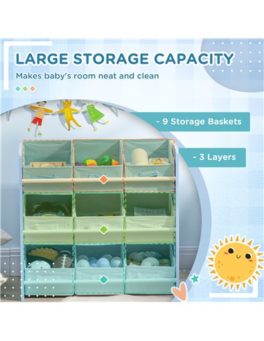 ZONEKIZ Kids Storage Unit with 9 Removable Storage Baskets, Toy Box Organiser with Shelf, Book Shelf for Nursery Playroom, Blue
