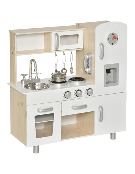 HOMCOM Kids Kitchen Playset Luxury Kitchen Accessories Set Pretend Cooking Set with Telephone Ice Machine, White - pic 26583 | FastDaddyshop