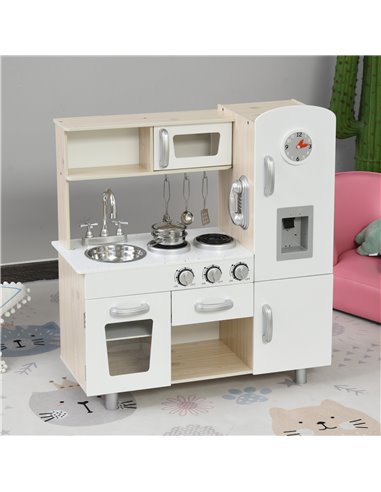 HOMCOM Kids Kitchen Playset Luxury Kitchen Accessories Set Pretend Cooking Set with Telephone Ice Machine, White