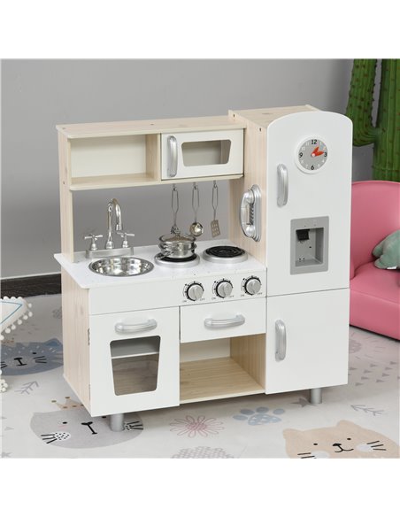 HOMCOM Kids Kitchen Playset Luxury Kitchen Accessories Set Pretend Cooking Set with Telephone Ice Machine, White - pic 26584 | FastDaddyshop