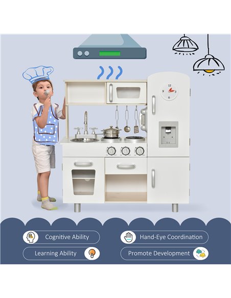 HOMCOM Kids Kitchen Playset Luxury Kitchen Accessories Set Pretend Cooking Set with Telephone Ice Machine, White - pic 26586 | FastDaddyshop