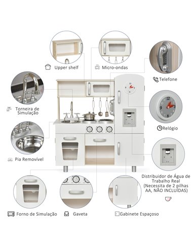 HOMCOM Kids Kitchen Playset Luxury Kitchen Accessories Set Pretend Cooking Set with Telephone Ice Machine, White