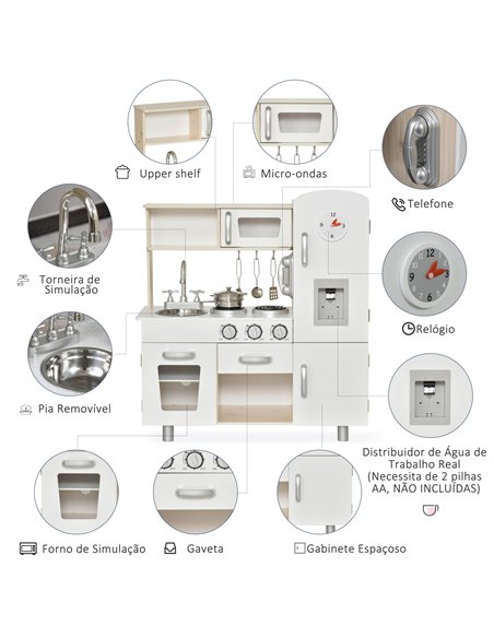 HOMCOM Kids Kitchen Playset Luxury Kitchen Accessories Set Pretend Cooking Set with Telephone Ice Machine, White - pic 26587 | FastDaddyshop