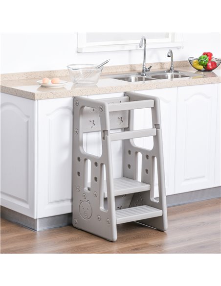 HOMCOM Kids Step Stool Adjustable Standing Platform, Toddler Kitchen Stool -Standing Tower, Grey - pic 26620 | FastDaddyshop