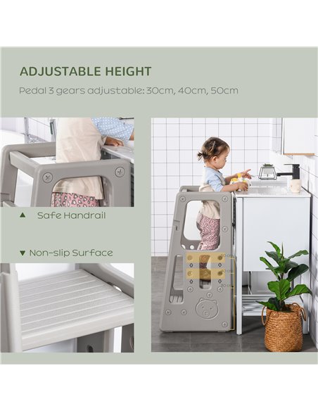 HOMCOM Kids Step Stool Adjustable Standing Platform, Toddler Kitchen Stool -Standing Tower, Grey - pic 26622 | FastDaddyshop