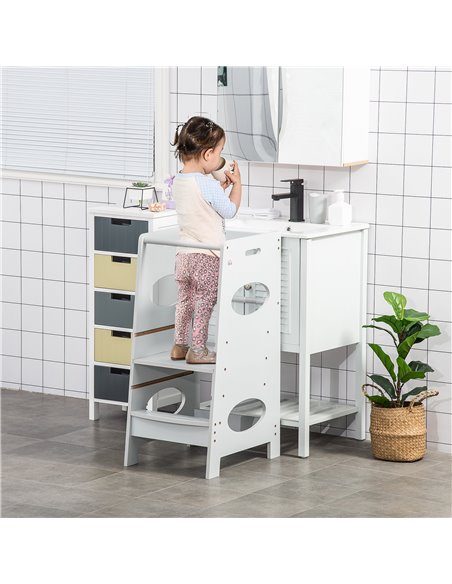 HOMCOM Toddler Step Stool Kids Adjustable Standing Tower with Safety Rail for Kitchen Counter Grey - pic 26629 | FastDaddyshop