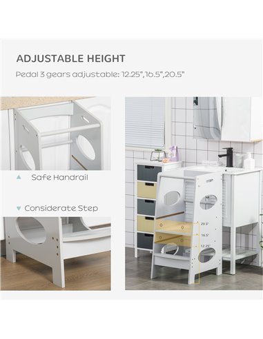 HOMCOM Toddler Step Stool Kids Adjustable Standing Tower with Safety Rail for Kitchen Counter Grey