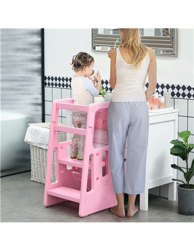 HOMCOM Kids Step Stool, Adjustable Standing Platform, Toddler Kitchen Stool, Pink