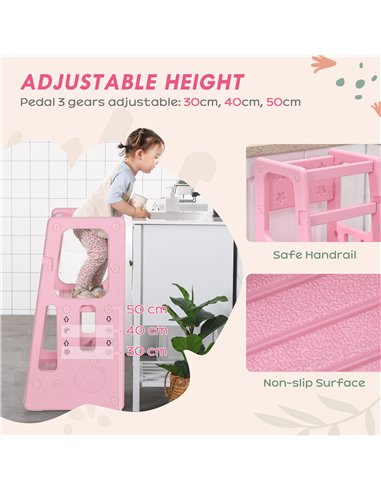 HOMCOM Kids Step Stool, Adjustable Standing Platform, Toddler Kitchen Stool, Pink