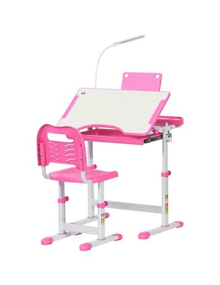 HOMCOM Kids Desk and Chair Set, Height Adjustable Study Desk with USB Lamp, Storage Drawer for Study, Pink and White - pic 26664 | FastDaddyshop