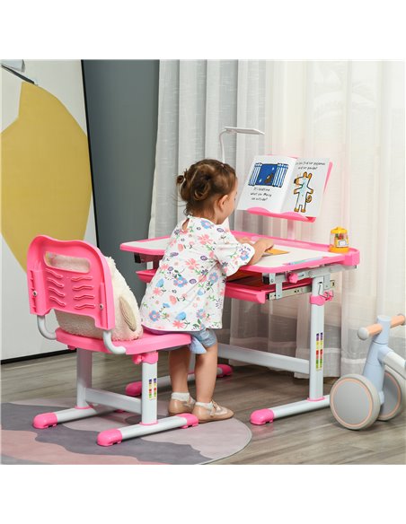 HOMCOM Kids Desk and Chair Set, Height Adjustable Study Desk with USB Lamp, Storage Drawer for Study, Pink and White - pic 26665 | FastDaddyshop