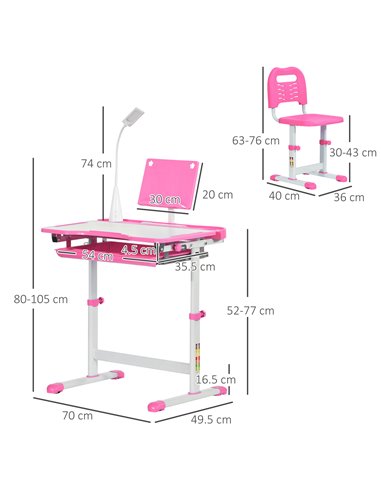 HOMCOM Kids Desk and Chair Set, Height Adjustable Study Desk with USB Lamp, Storage Drawer for Study, Pink and White