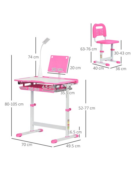HOMCOM Kids Desk and Chair Set, Height Adjustable Study Desk with USB Lamp, Storage Drawer for Study, Pink and White - pic 26666 | FastDaddyshop