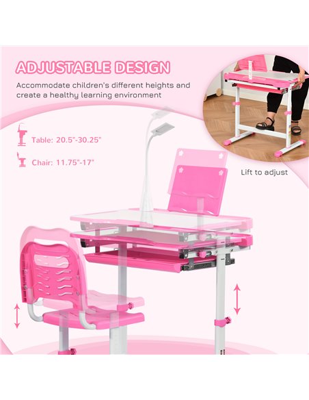 HOMCOM Kids Desk and Chair Set, Height Adjustable Study Desk with USB Lamp, Storage Drawer for Study, Pink and White - pic 26667 | FastDaddyshop