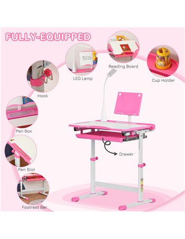 HOMCOM Kids Desk and Chair Set with USB Lamp, Pink and White 312-062PK