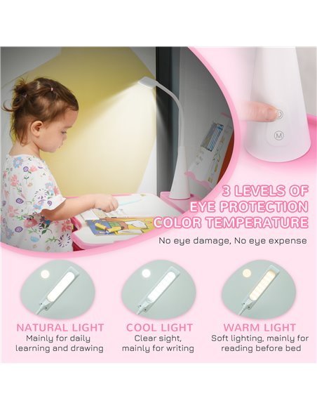 HOMCOM Kids Desk and Chair Set with USB Lamp, Pink and White 312-062PK - pic 26669 | FastDaddyshop