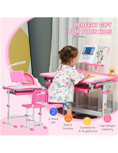 HOMCOM Kids Desk and Chair Set with USB Lamp, Pink and White 312-062PK