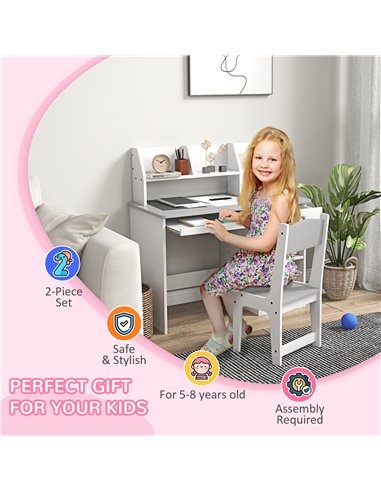 ZONEKIZ Kids Desk and Chair Set with Storage for 5-8 Year Old, 2 Pieces Childrens Table and Chair Set, Grey
