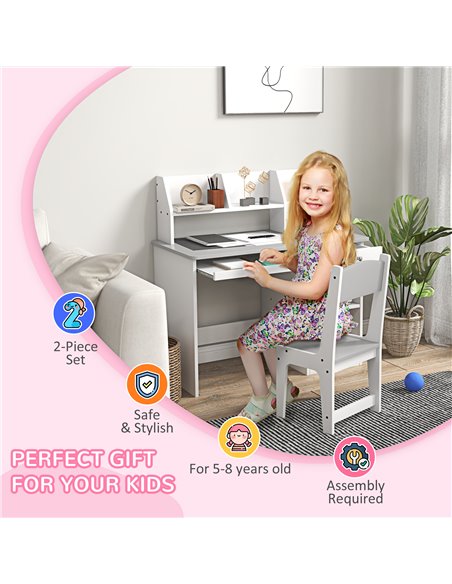 ZONEKIZ Kids Desk and Chair Set with Storage for 5-8 Year Old, 2 Pieces Childrens Table and Chair Set, Grey - pic 26696 | FastDaddyshop