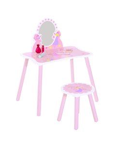 HOMCOM Kids Wooden Dressing Table & Stool with Mirror, Make Up Desk, Pink