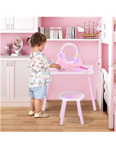 HOMCOM Kids Wooden Dressing Table & Stool with Mirror, Make Up Desk, Pink 2