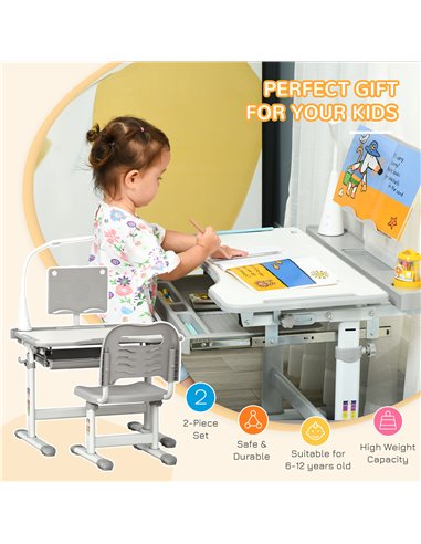 HOMCOM Kids Desk and Chair Set with USB Lamp, Grey and White