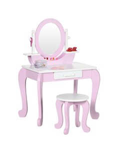 ZONEKIZ Kids Dressing Table Set, Girl Makeup Desk with Mirror, Stool, Drawer, Pink