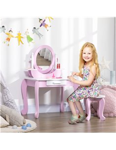 ZONEKIZ Kids Dressing Table Set, Girl Makeup Desk with Mirror, Stool, Drawer, Pink 2