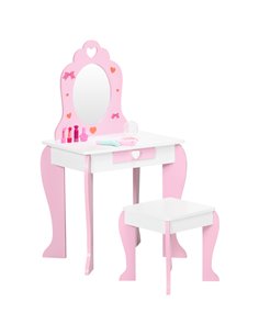 ZONEKIZ Kids Dressing Table Set, Girl Makeup Desk with Mirror, Stool, Drawer, Pink
