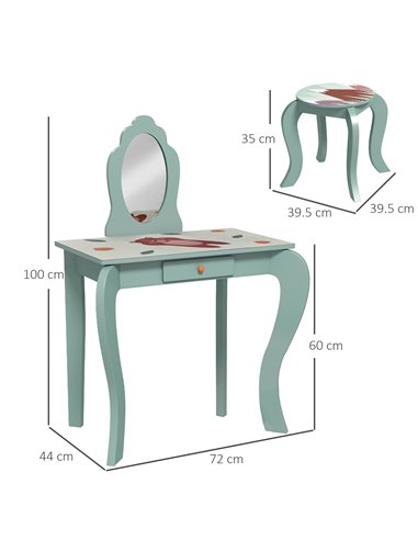 ZONEKIZ Kids Dressing Table with Mirror and Stool, Girls Vanity Table Makeup Desk with Drawer, Cute Animal Design, for 3-6 Years