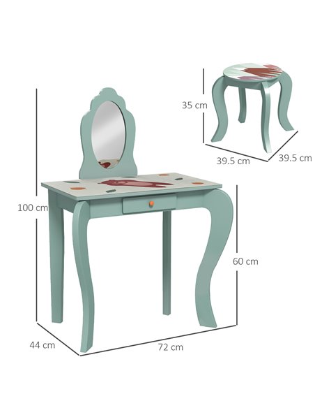 ZONEKIZ Kids Dressing Table with Mirror and Stool, Girls Vanity Table Makeup Desk with Drawer, Cute Animal Design, for 3-6 Years - pic 26792 | FastDaddyshop