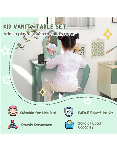 ZONEKIZ Kids Dressing Table with Mirror and Stool, Girls Vanity Table Makeup Desk with Drawer, Cute Animal Design, for 3-6 Years