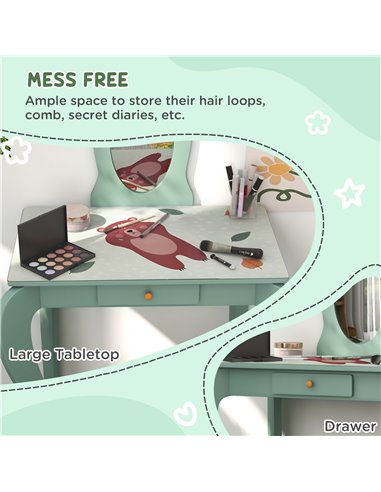 ZONEKIZ Kids Dressing Table with Mirror and Stool, Girls Vanity Table Makeup Desk with Drawer, Cute Animal Design, for 3-6 Years